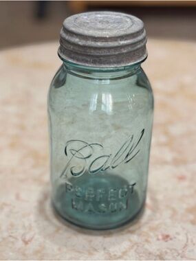 Ball Perfect Mason Blue Glass Jar with Metal Lid, Base Mark "13"